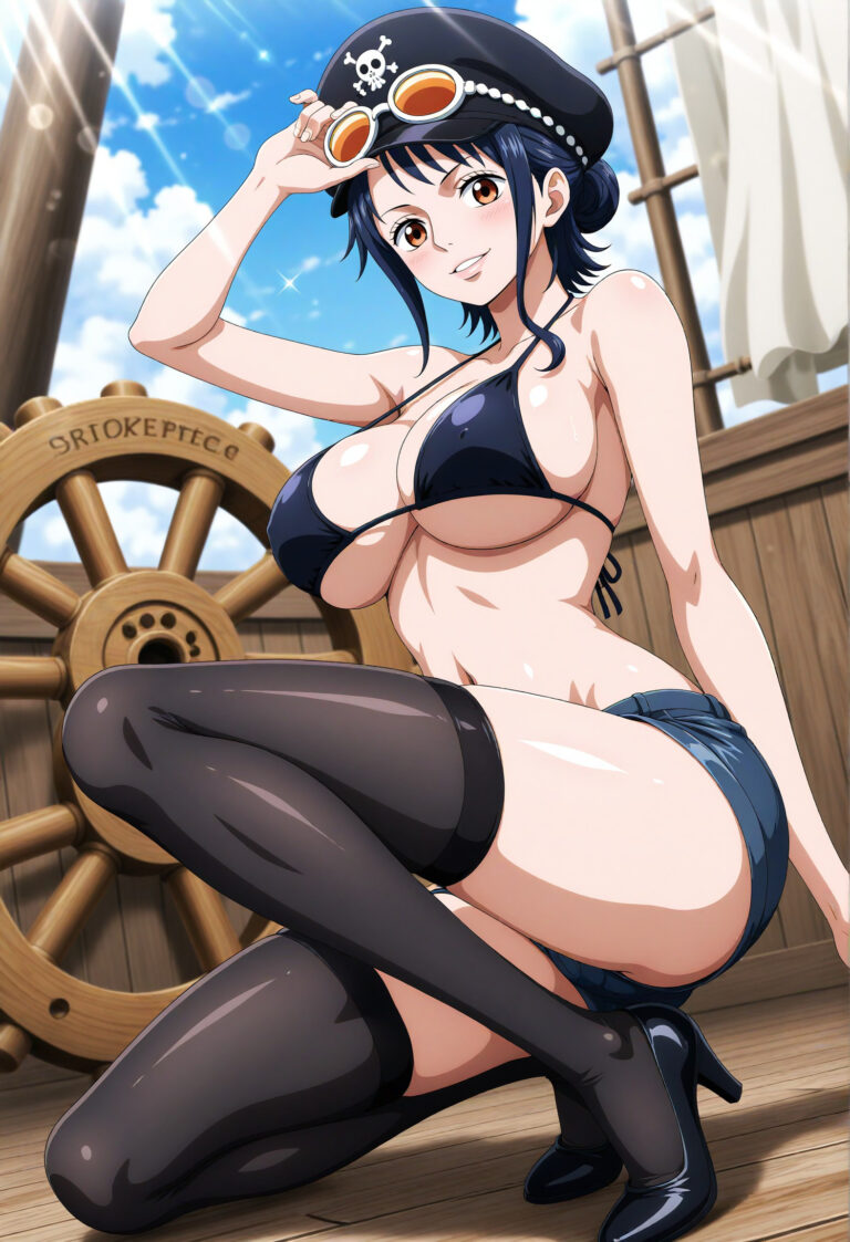 たしぎが海賊帽で見せる黒ビキニ姿