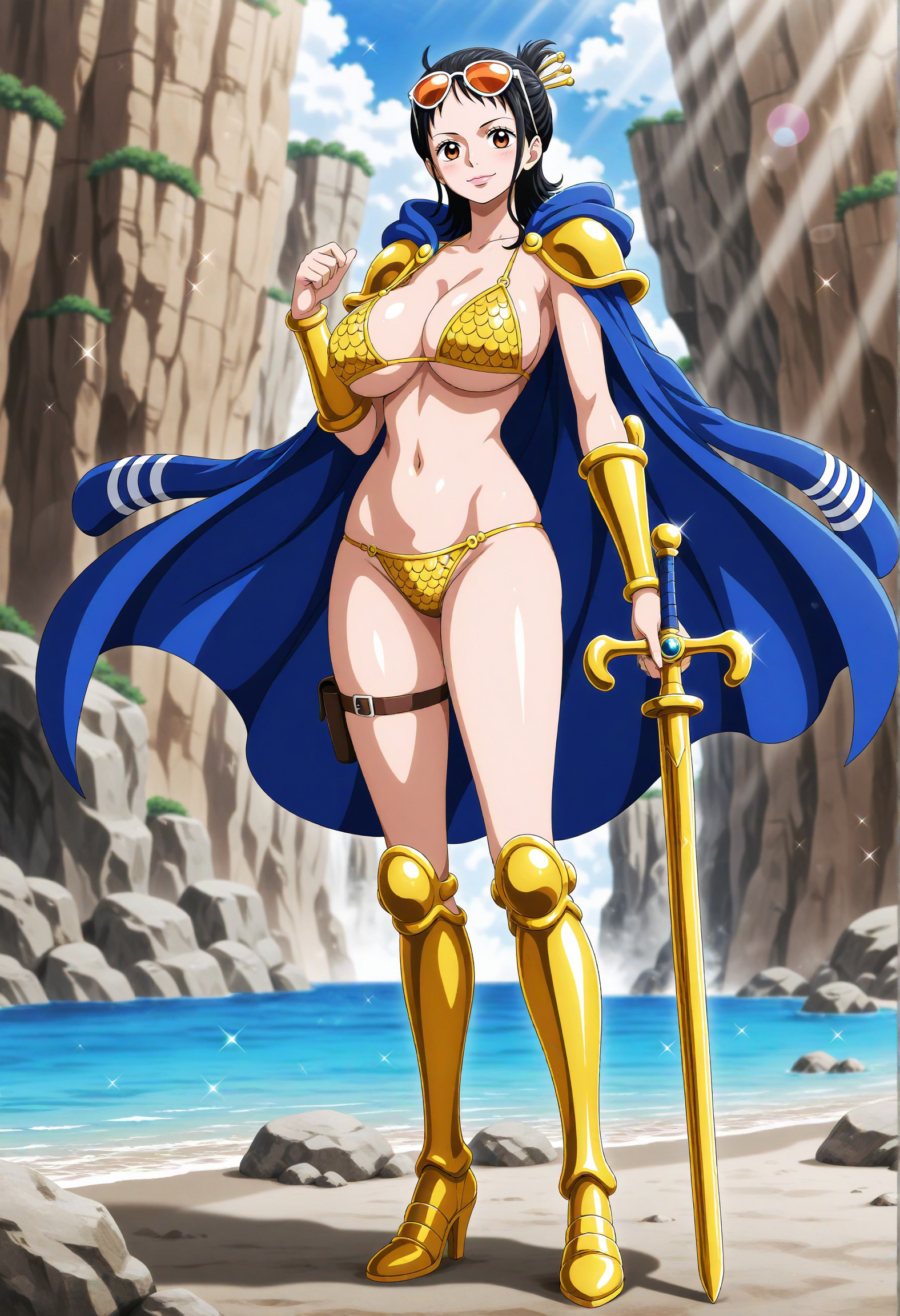 たしぎが剣を構える水着鎧姿