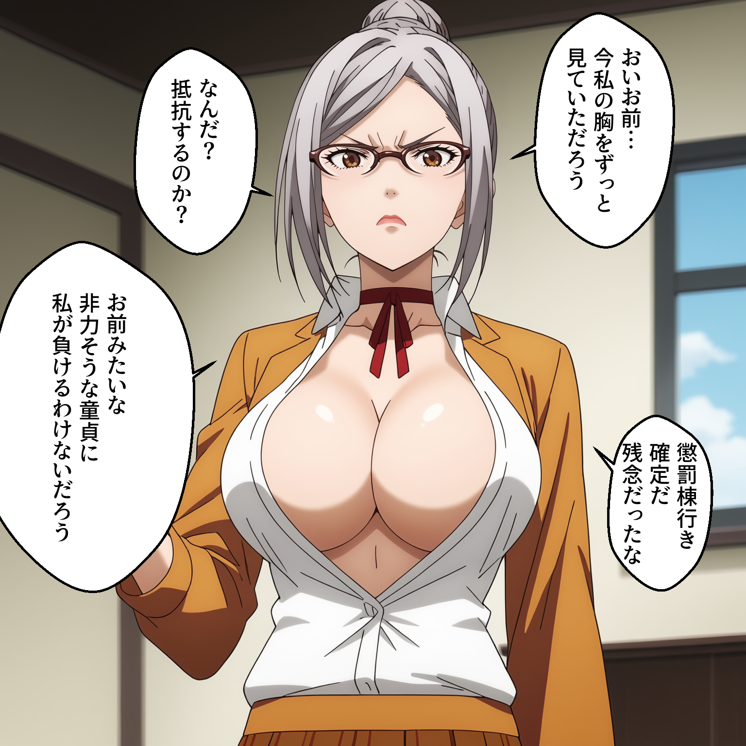 芽衣子が胸を晒して相手を見下す立ち姿